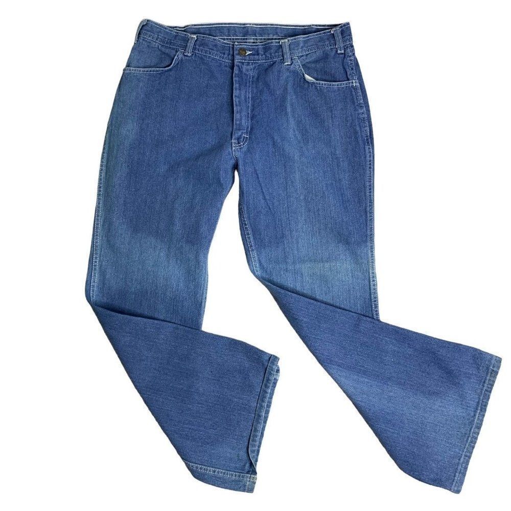 Vintage 70s Branded Lion Denim Jeans 32 Med Wash Boot Cut Flare Pockets